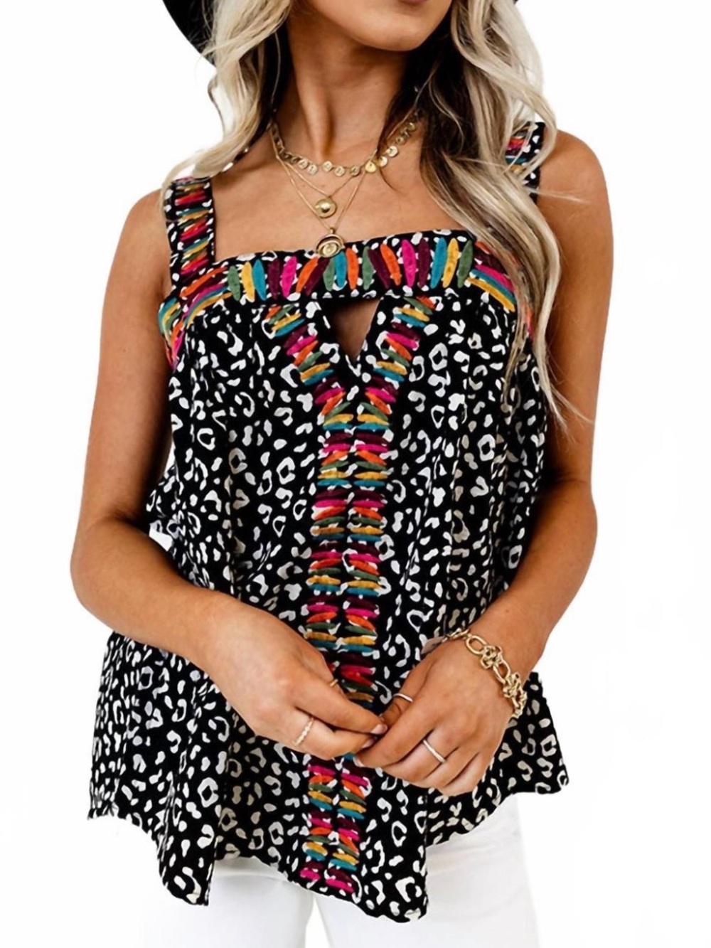 THML Cheetah Matchstick Brown/Tan Print Camisole with Multicolor Trim, Sz M
